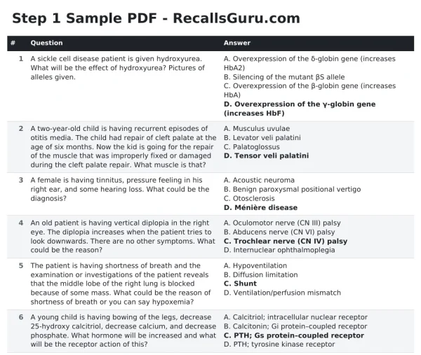 A page of RecallsGuru Step 1 recalls: each question with four options and the correct answer in bold